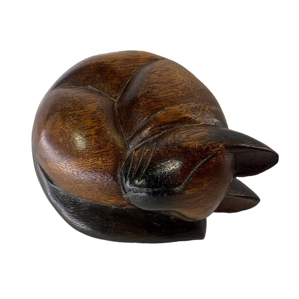 Vintage Hand Carved Solid Wood Curled-Up Sleeping Siamese Cat Feline Figurine